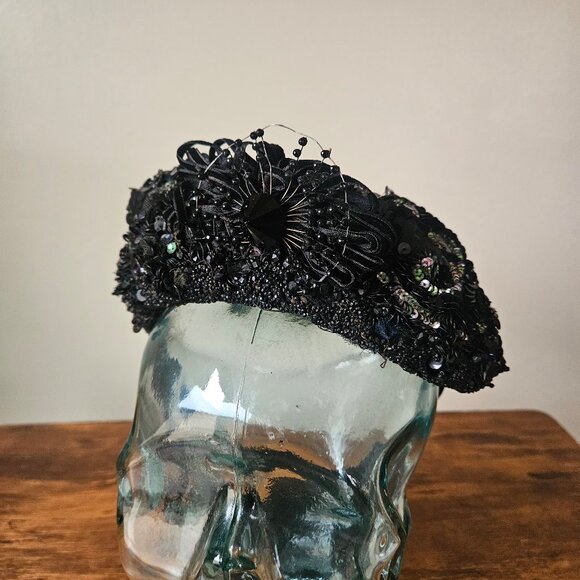 Victorian Antique 1870s 1880s Black Bonnet Jet‎ Beaded Sequins Mourning Hat main image 9